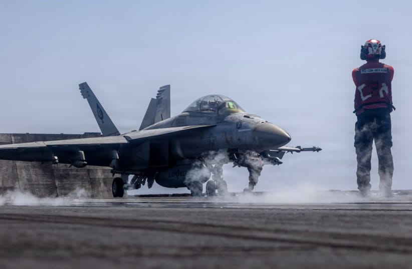 US Navy F-18 prepares to launch from a carrier, May 29, 2026.