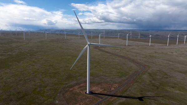 Wind turbines oeprate on April 1, 2025, in Boardman, Ore. (AP Photo/Jenny Kane, File)