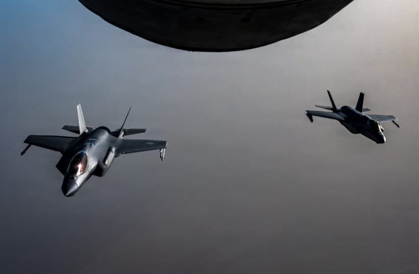 Two US Air Force F-35A stealth fighter jets fly over the Middle East during a patrol in a photo shared by US Central Command on June 7, 2026.