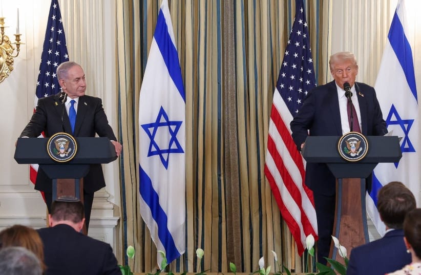 US President Donald Trump and Israeli Prime Minister Benjamin Netanyahu hold a joint press conference in the State Dining Room at the White House in Washington, DC, US, September 29, 2025.