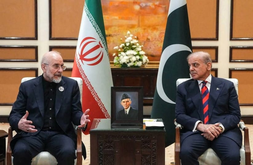 Pakistan's Prime Minister Shehbaz Sharif meets with Iranian Parliament Speaker Mohammad Bagher Ghalibaf, as delegations from the United States and Iran are expected to hold peace talks, in Islamabad, Pakistan, April 11, 2026. (credit: Office of the Iranian Parliament Speaker/WANA