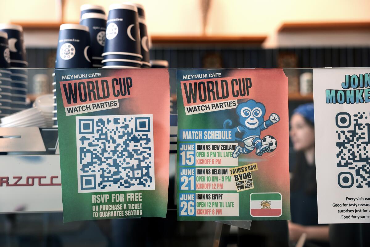 A flier advertising a World Cup watch party Monday at Westwood's Meymuni Cafe.