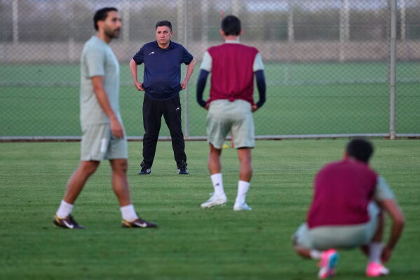 Iran's head coach Amir Ghalenoei attends a training session, in Antalya, southern Turkey, Tuesday, June 2, 2026, ahead of the World Cup soccer tournament. (AP Photo/Khalil Hamra)