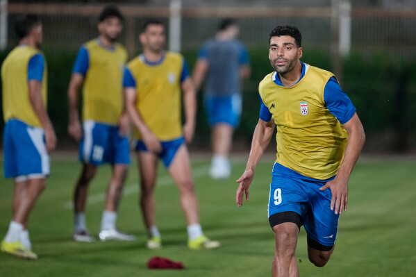 Iran's Mehdi Taremi works out during a training session, in Antalya, southern Turkey, Monday, June 1, 2026. (AP Photo/Khalil Hamra)