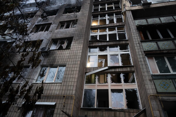 A damaged residential building is seen following an overnight Russian attack in Kyiv, Ukraine, Monday, June 15, 2026. (AP Photo/Danylo Antoniuk)