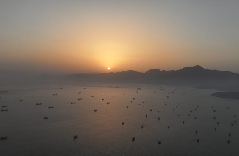 A drone view shows vessels anchored at the Strait of Hormuz, as seen from Musandam, Oman, May 30, 2026.