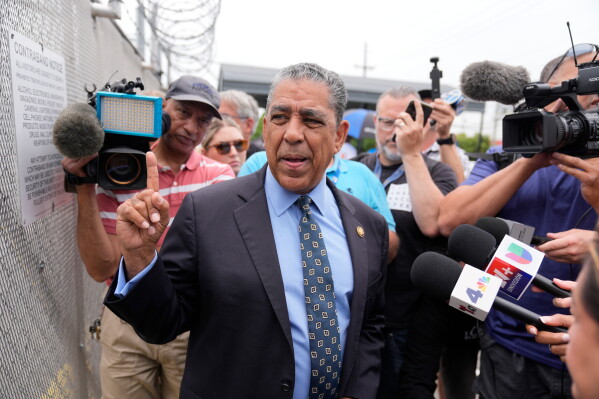 Rep. Adriano Espaillat, D-N.Y., speaks to reporters outside the Delaney Hall detention center, Wednesday, May 27, 2026, in Newark, N.J. (AP Photo/Seth Wenig)