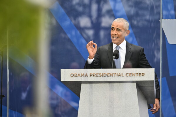 Former President Barack Obama speaks during the dedication ceremony for the Obama Presidential Center, Thursday, June 18, 2026, in Chicago. (AP Photo/Jon Cherry)