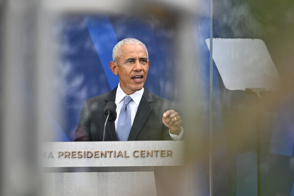 Former President Barack Obama speaks during the dedication ceremony for the Obama Presidential Center, Thursday, June 18, 2026, in Chicago. (AP Photo/Jon Cherry)