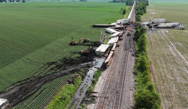 Watch: Double-stack train cars toppled by vicious winds in Illinois