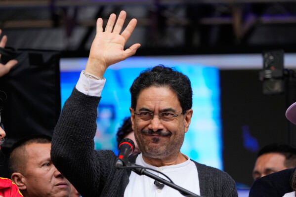 Historic Pact coalition presidential candidate Ivan Cepeda waves during a campaign rally in Bogota, Colombia, Saturday, June 13, 2026. (AP Photo/Fernando Vergara)
