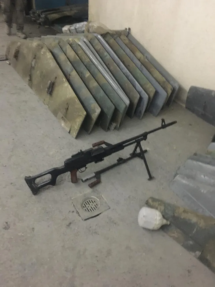 A weapon inside a Hezbollah tunnel in Majdal Zoun, southern Lebanon. The Israeli military said the underground complex contained more than 50 drones, launch shafts, explosives, and other military equipment.