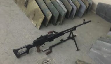A weapon inside a Hezbollah tunnel in Majdal Zoun, southern Lebanon. The Israeli military said the underground complex contained more than 50 drones, launch shafts, explosives, and other military equipment.