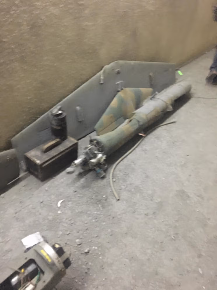 An attack drone and related equipment inside a tunnel that the Israeli military says was designed and financed by Iran for Hezbollah in Majdal Zoun, southern Lebanon. Israeli officials said the underground facility was used to store and launch UAVs toward Israel.