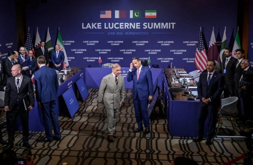 PAKISTAN'S PRIME Minister Shehbaz Sharif and Qatar's Prime Minister Sheikh Mohammed bin Abdulrahman bin Jassim al-Thani stand prior to a quadrilateral meeting between the US, Iran, Pakistan and Qatar at the Burgenstock luxury hotel complex overlooking Lake Lucerne, Switzerland, on June 21, 2026.