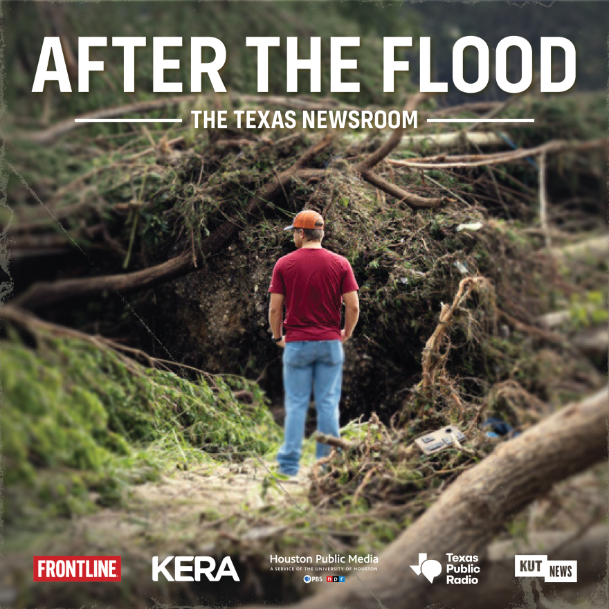 A person stands outdoors in an area damaged by floods, with trees fallen over. Text reads, "After the Flood."