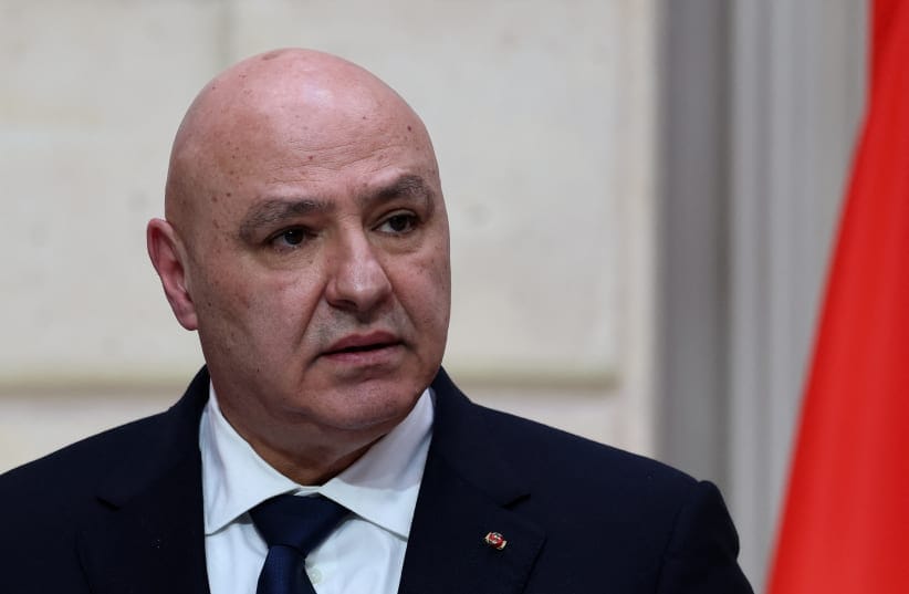  Lebanese President Joseph Aoun attends a joint press conference with French President Emmanuel Macron, at the Elysee Palace in Paris, France, March 28, 2025. 