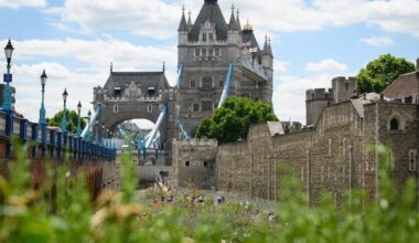 Historic Tower of London under clear blue sky, showcasing iconic medieval architecture and stone walls, attracting tourist...
