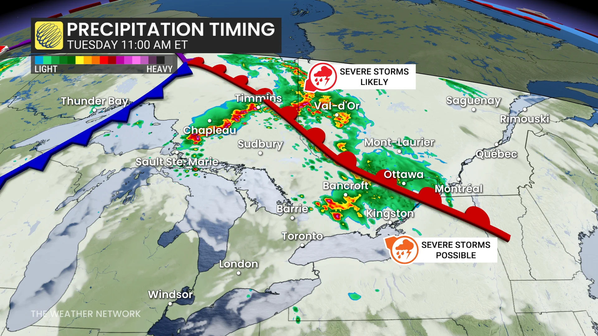 Ontario-Quebec precipitation timing Tuesday morning