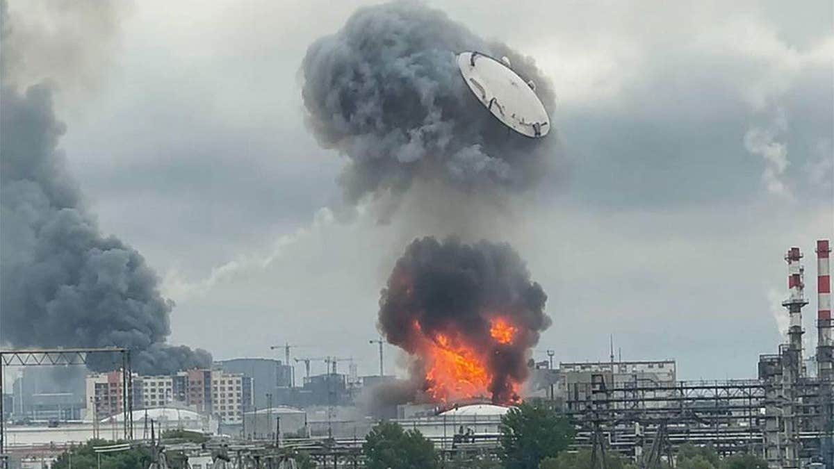 The Moscow Oil Refinery in Kapotnya burns after being hit during Ukraine’s drone attack