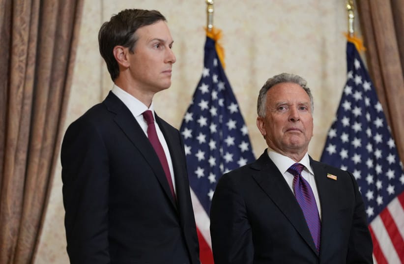 Jared Kushner and Steve Witkoff, Special Envoy for Peace Missions listen as Vice President JD Vance speaks during a news conference after meeting with representatives from Pakistan and Iran, Sunday, April 12, 2026, in Islamabad, Pakistan.