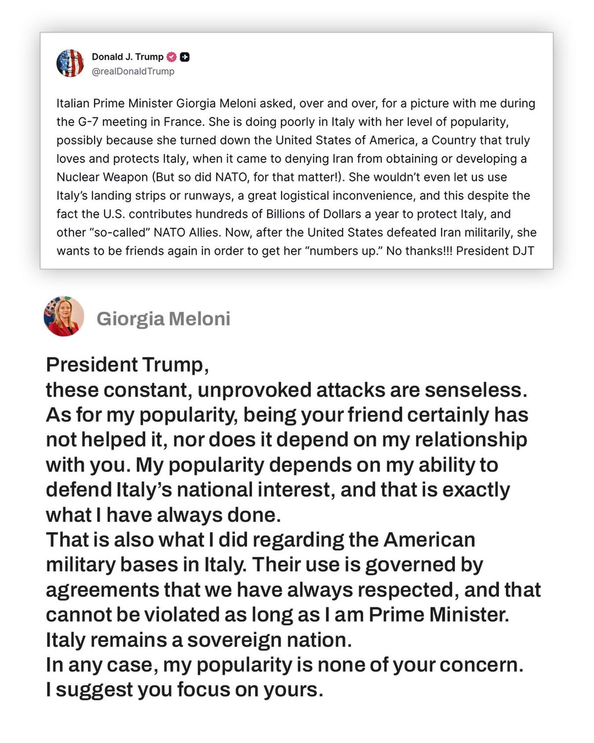 Screenshot of Trump and Meloni social media posts