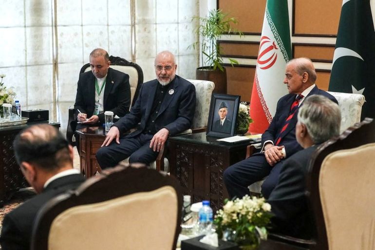 Pakistan's Prime Minister Shehbaz Sharif meets with Iranian Parliament Speaker Mohammad Bagher Ghalibaf, as delegations from the United States and Iran are expected to hold peace talks, in Islamabad, Pakistan, April 11, 2026. Office of the Iranian Parliament Speaker/WANA (West Asia News Agency)/Handout via REUTERS ATTENTION EDITORS - THIS PICTURE WAS PROVIDED BY A THIRD PARTY. BEST QUALITY AVAILABLE.