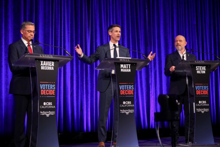 Candidates Xavier Becerra, Matt Mahan and Steve Hilton attend a debate in the race for governor of California