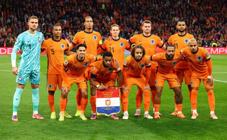 Netherlands players pose for a team group photo