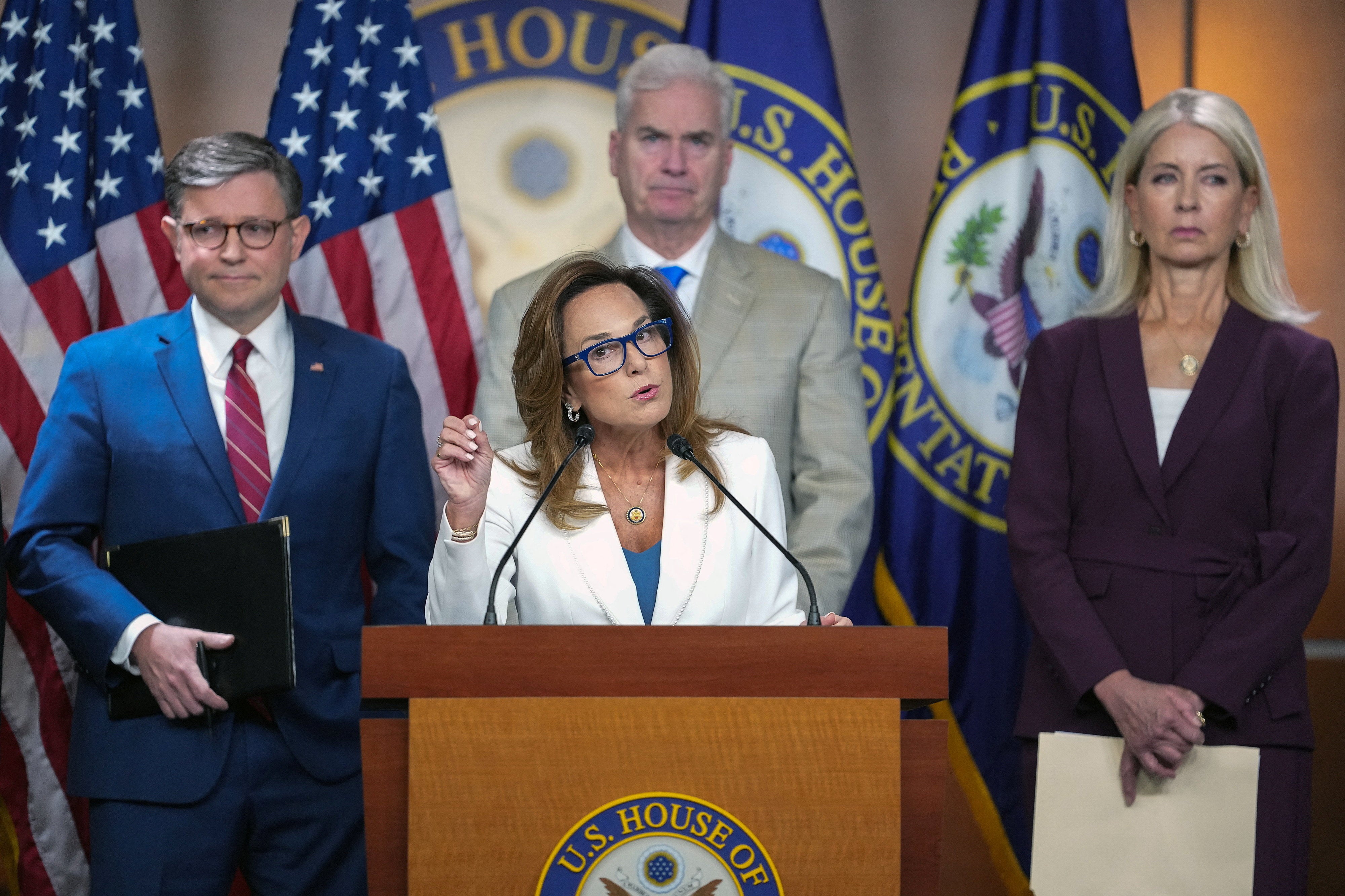 House Republican Conference Chair Lisa McClain (R-MI) speaks during a press conference with Republican House Leadership, as U.S. House Speaker Mike Johnson (R-LA) and Representative Mary Miller (R-IL) stand, on Capitol Hill in Washington, D.C., U.S., June 3, 2026. REUTERS/Nathan Howard