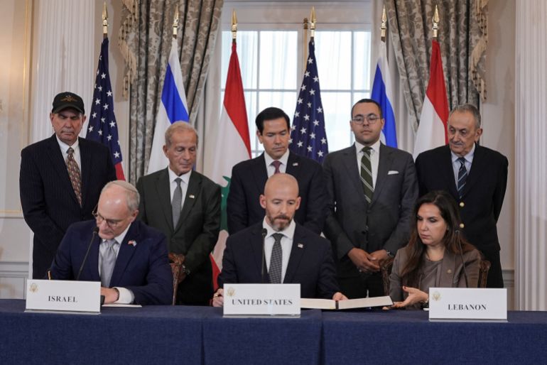 US Secretary of State Marco Rubio looks on as State Department Counselor Daniel Holler, Israel's Ambassador to the US Yechiel Leiter and Lebanon's Ambassador to the US Nada Hamadeh sign a framework agreement between Israel and Lebanon, at the State Department in Washington, DC, June 26, 2026. [Ken Cedeno/Reuters]