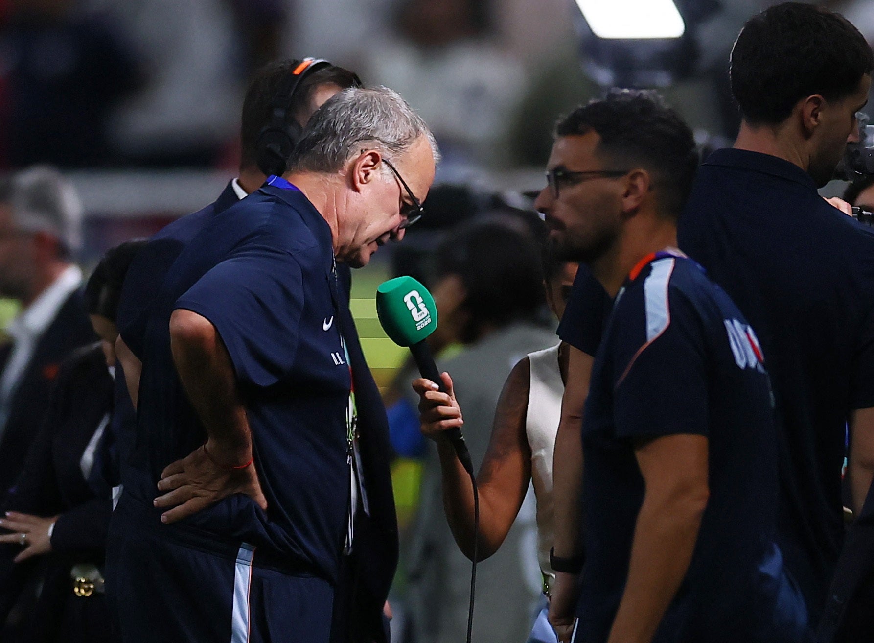 Uruguay coach Marcelo Bielsa speaks to the media after the match