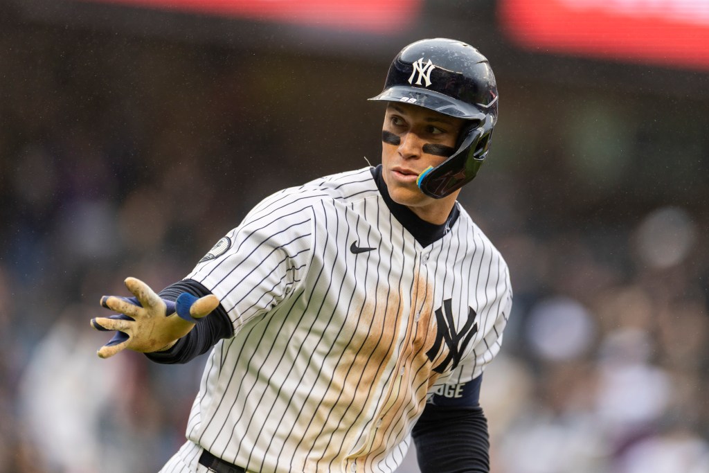 New York Yankees right fielder Aaron Judge (99) reacts as he rounds the bases on his walk off two-run home run to end the game in the 9th inning against the Tampa Bay Rays at Yankee Stadium, Sunday, May 24, 2026, in Bronx, NY. 
