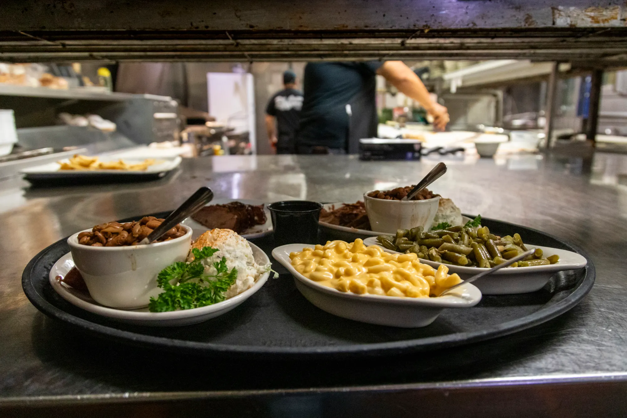 An order of food sits ready to be sent out to customers at County Line Bar-B-Q in Austin.