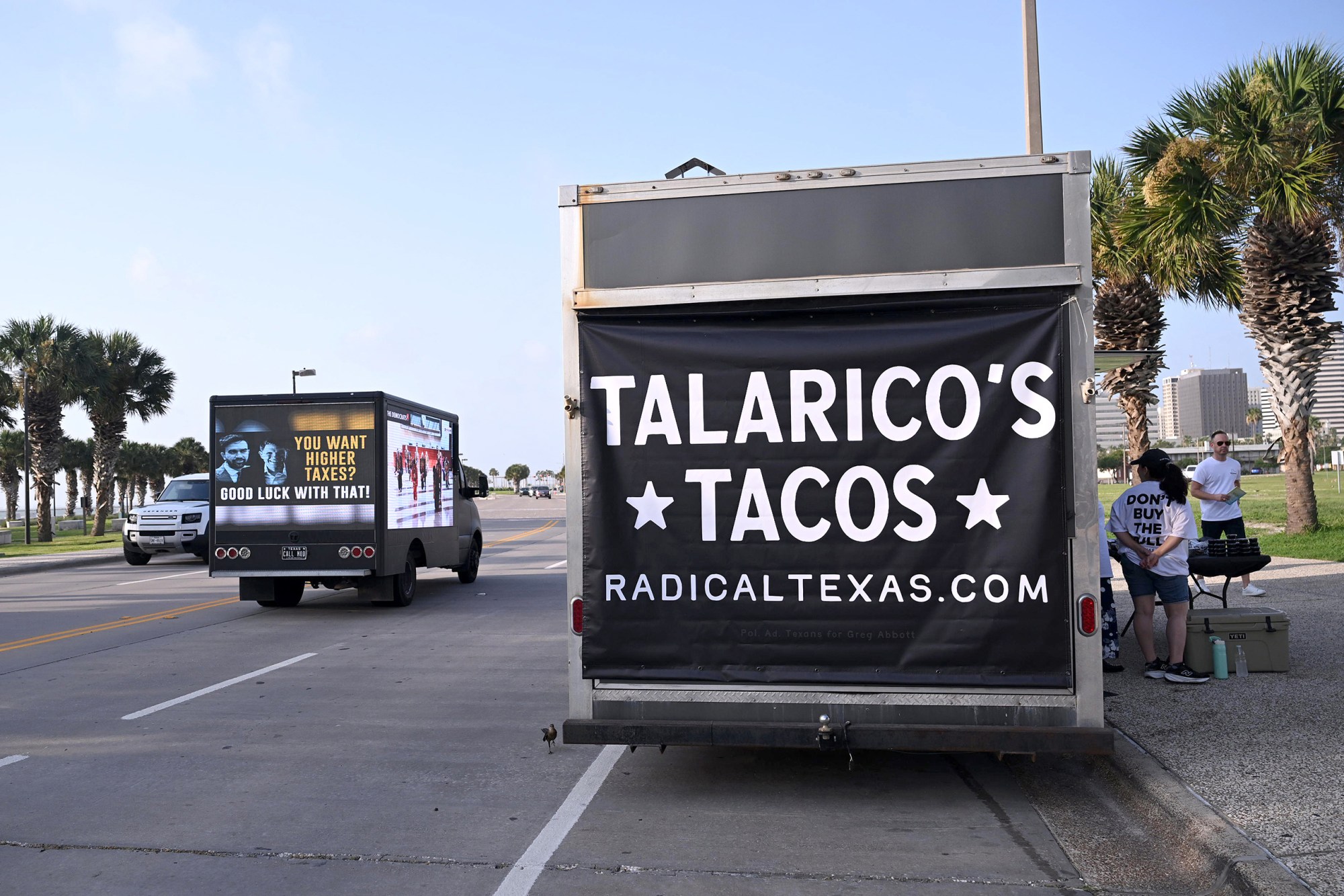 Volunteers with the Republican group Radical Texas pushed their message outside the convention by handing out free "Talarico Tacos."