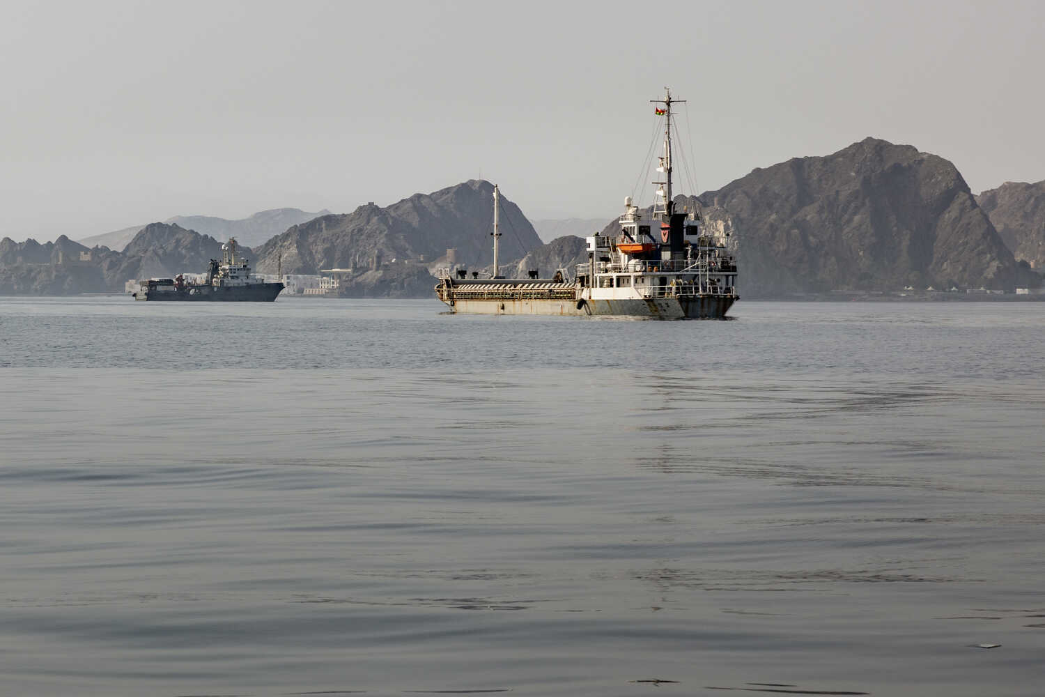 Two cargo ships on a body of water with a rocky mountain landscape in the background.