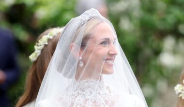 Harriet Sperling sparkles in a diamond and pearl wedding tiara with a surprising royal history