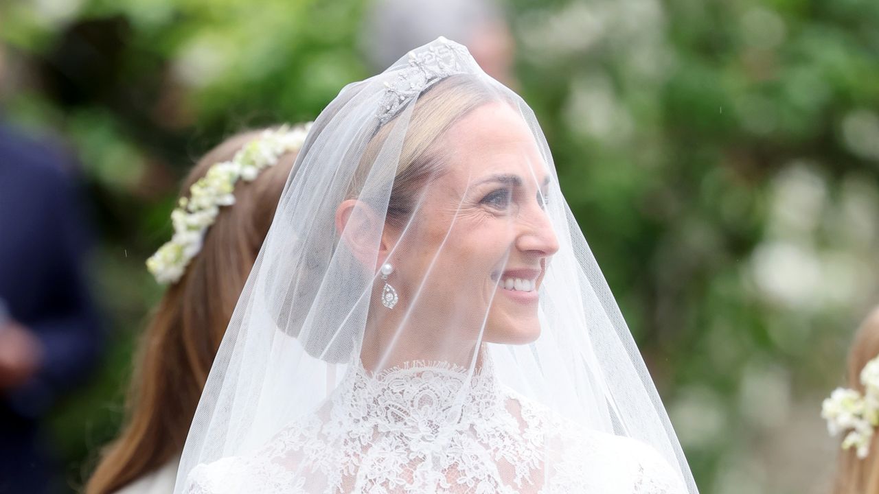 Harriet Sperling sparkles in a diamond and pearl wedding tiara with a surprising royal history