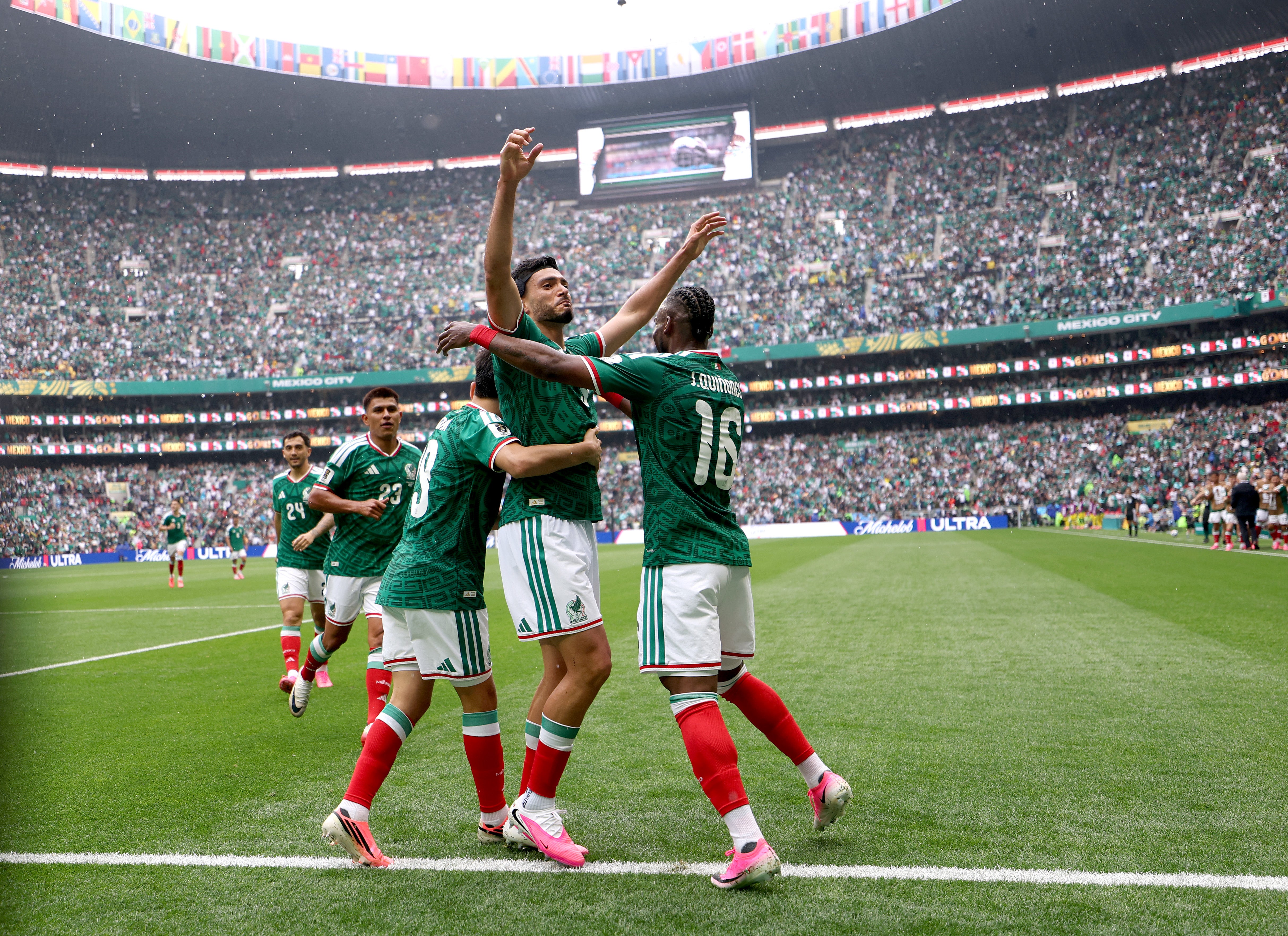 Raul Jimenez celebrates his goal for Mexico at the World Cup