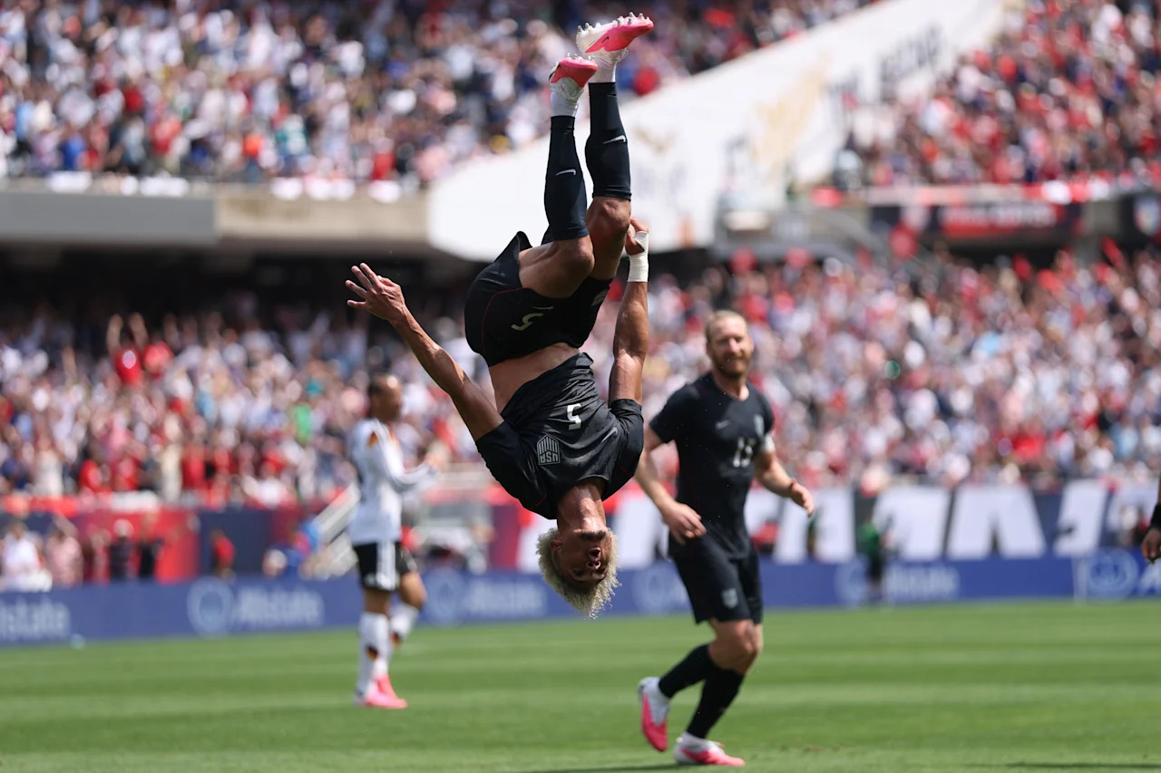 CHICAGO, ILLINOIS - JUNE 06: Antonee Robinson of United States celebrates after scoring his team's first goal during the international friendly match between United States and Germany at Soldier Field on June 06, 2026 in Chicago, Illinois. (Photo by Jamie Squire/Getty Images)