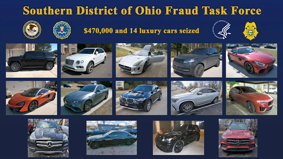 Fourteen luxury cars seized by authorities in a fraud investigation are seen in a photo combination provided by the Justice Department. / Credit: U.S. Department of Justice