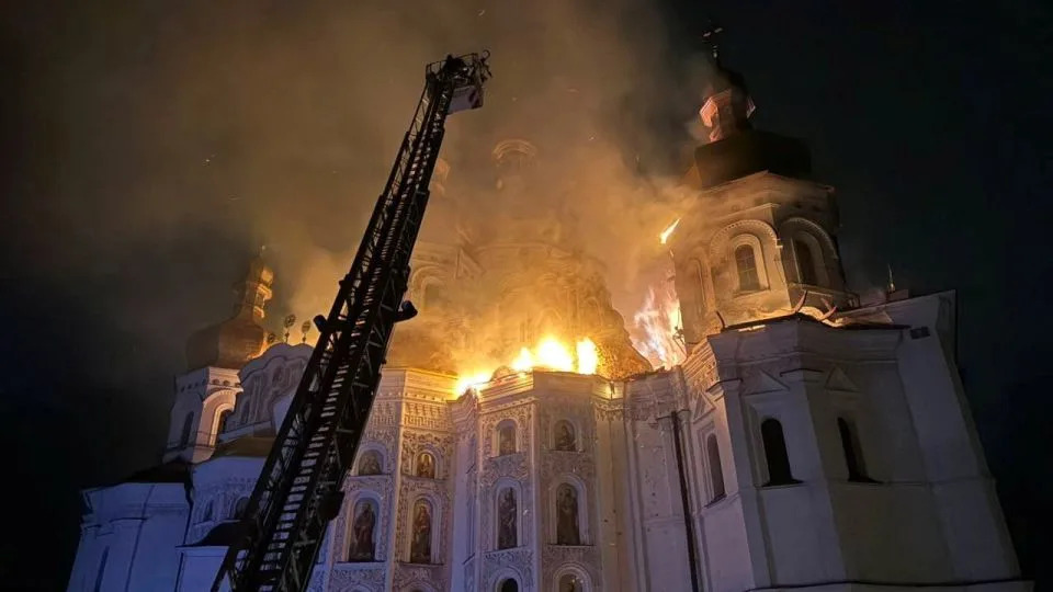 Firefighters work at a site of the Dormition Cathedral of the Kyiv Pechersk Lavra monastery, which burns after it was hit during Russian missile and drone strikes, amid Russia's attack on Ukraine, in Kyiv, Ukraine June 15, 2026. - Ukrainian Culture Ministry/Handout/Reuters