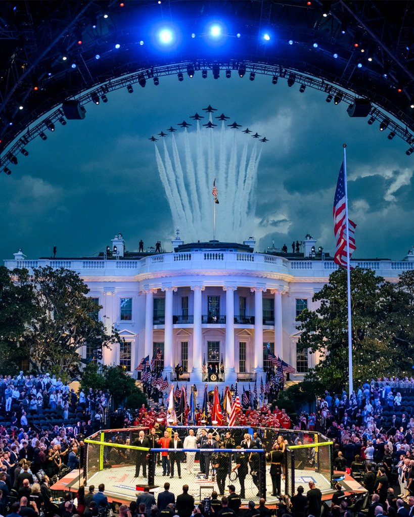 An illustration of an MMA fighting ring with spectators on the White House South Lawn, with a jet formation flying overhead.
