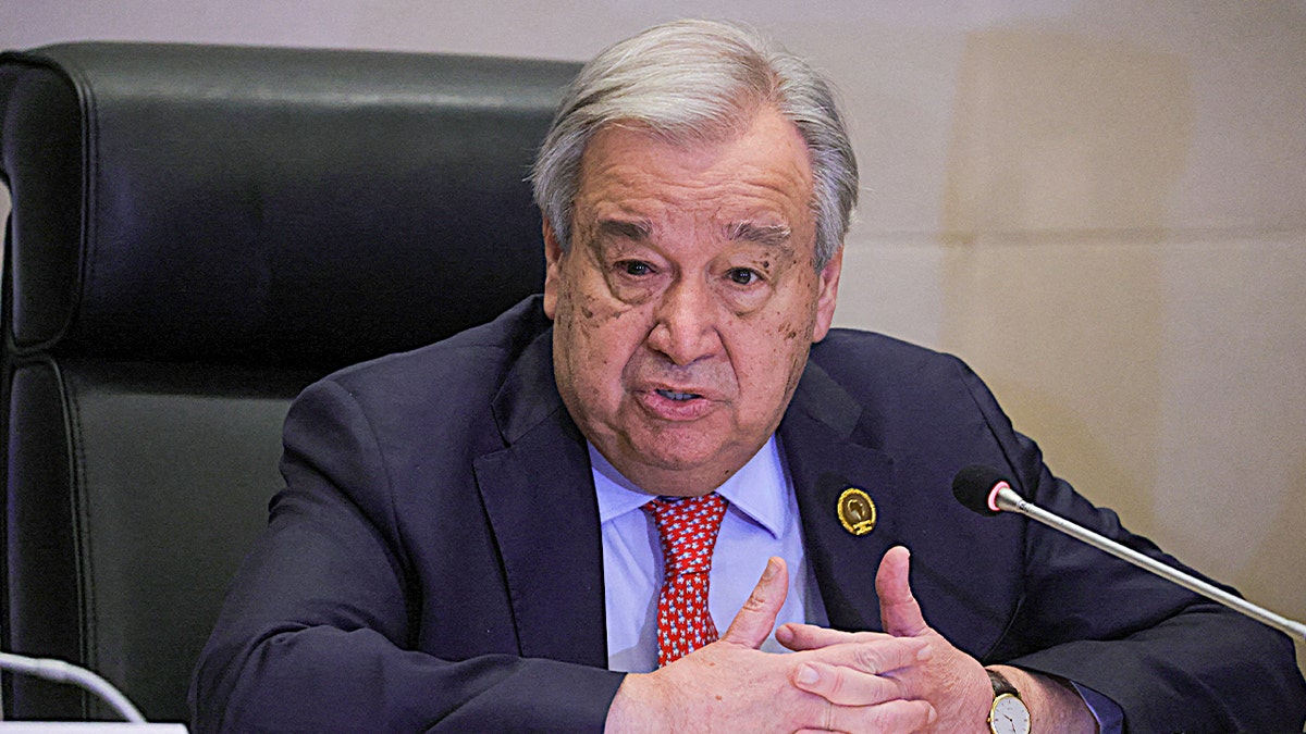 United Nations Secretary-General Antonio Guterres addressing media at African Union Commission headquarters in Addis Ababa