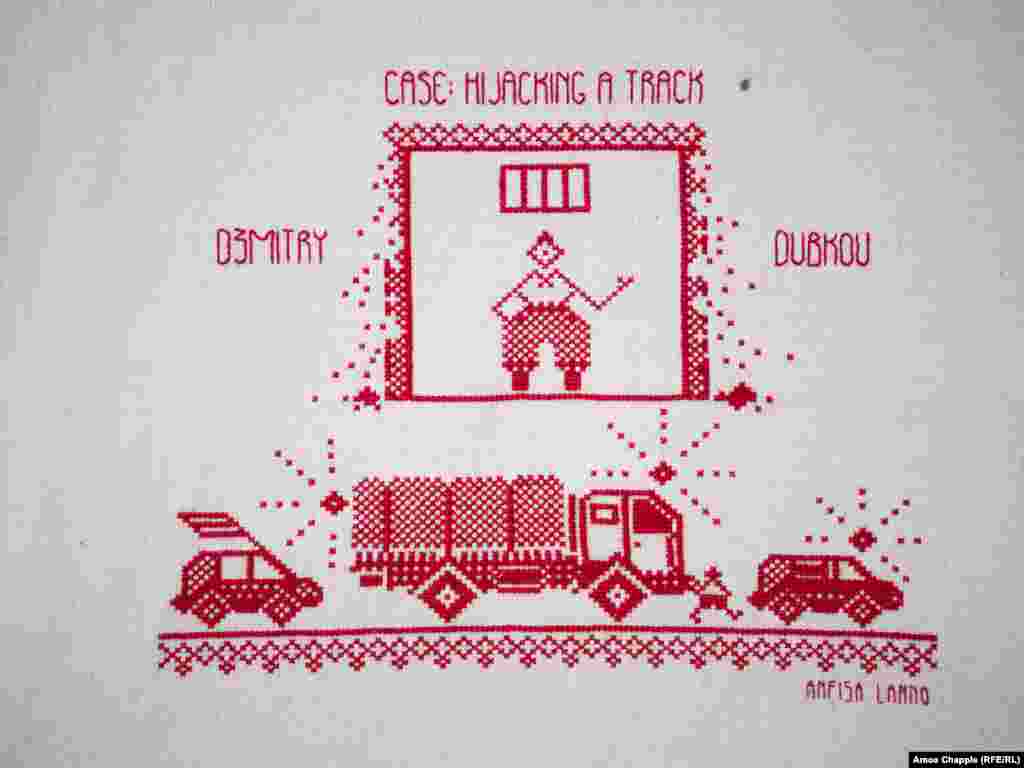 A depiction of Dzmitry Dubkou blocking a road with a street-cleaning truck in 2020. The Belarusian man was handed a seven-year prison sentence for charges including "deliberate blocking of transport." He was released in December 2025.<br><br><br><br><br>