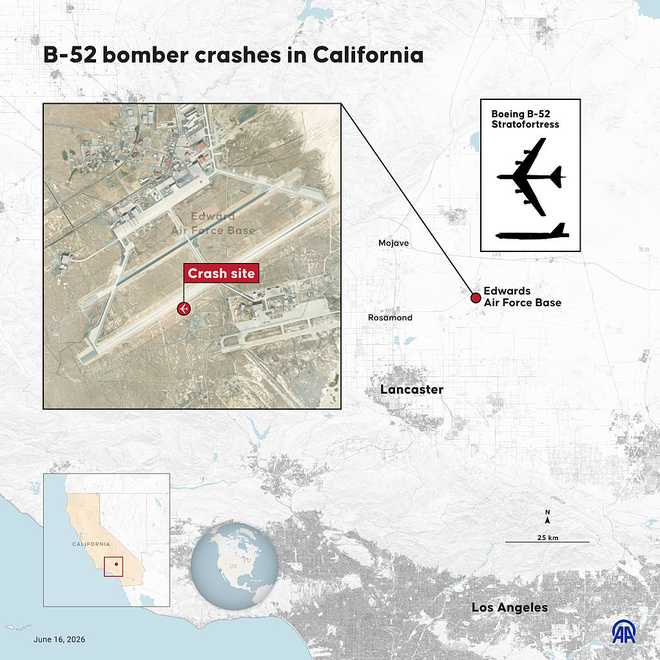 US Air Force B-52 Stratofortress bomber crashed shortly after takeoff from Edwards Air Force Base in California during a routine test mission, killing all 8 people on board. (Photo by Yasin Demirci/Anadolu via Getty Images)