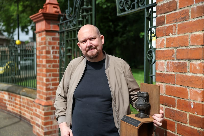 Neil Brownsword, artist and academic at Staffordshire University, beside a bronze recreation of a classic ceramic by Josiah Wedgwood, in Stoke-on-Trent. Photograph: Enda O'Dowd