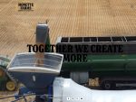 A screencap from the Monette Farms website showing a grain cart augering grain into a hopper filling a grain bag.