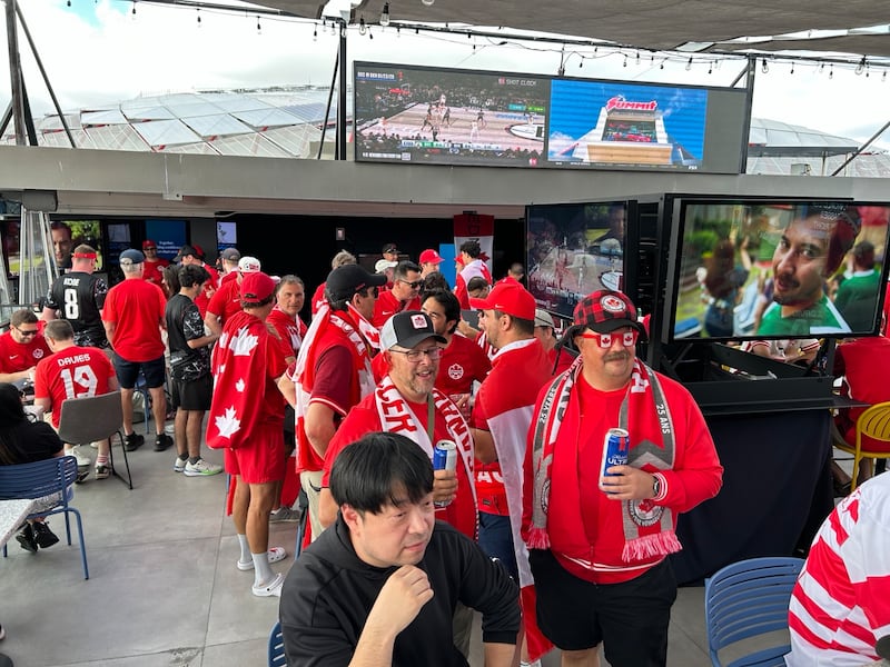 Canadian football fans order beers at Tom's Watch bar near Sofi Stadium in L.A. as they get ready to watch Team Canada play against South Africa in the FIFA World Cup knockout game on June 28, 2026.