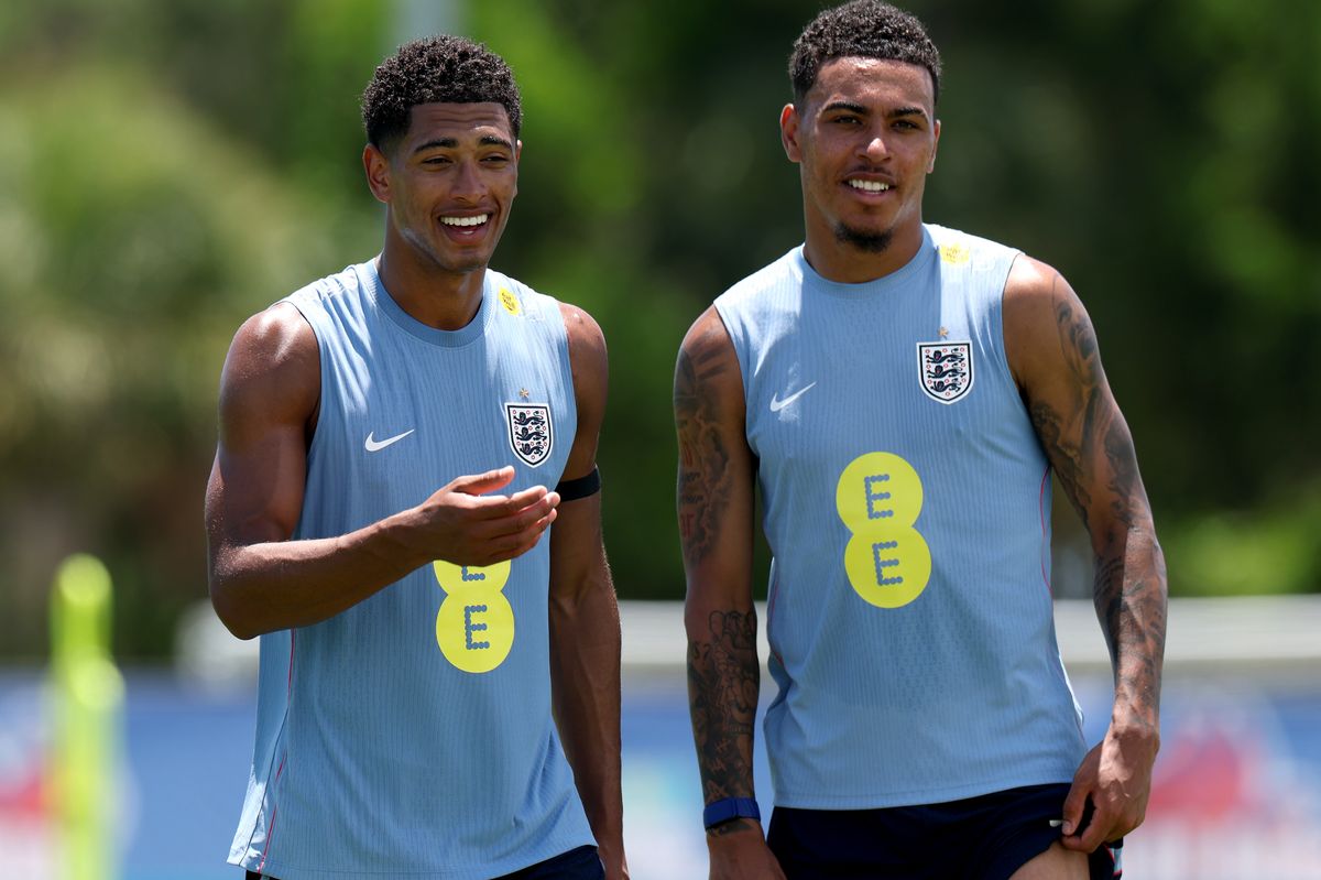 Jude Bellingham and Morgan Rogers #17 of England look on during a training session during the England World Cup 2026 Camp on June 08, 2026 in West Palm Beach, Florida